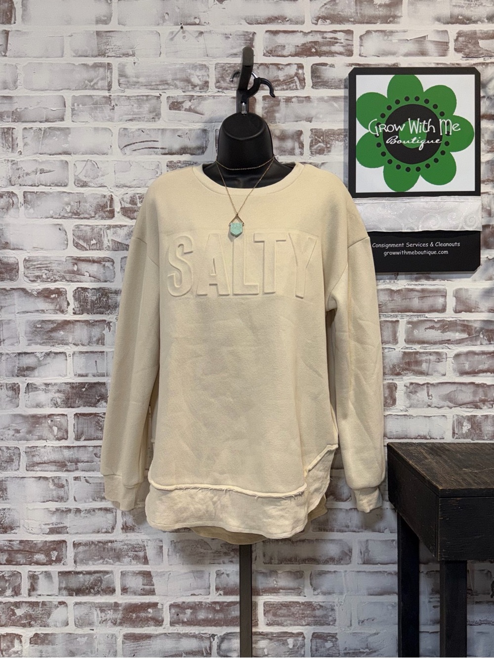 Women's 'SALTY' Embossed Pullover Sweatshirt - Cream medium